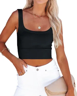 CYVESOULA Tank Top for Women Scoop Neck Sleeveless Crop Tops Chevron Ribbed Knit Crop Tank Top Fitted Soft Basic Cropped Tank