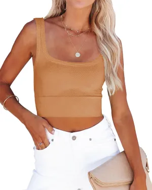 CYVESOULA Tank Top for Women Scoop Neck Sleeveless Crop Tops Chevron Ribbed Knit Crop Tank Top Fitted Soft Basic Cropped Tank