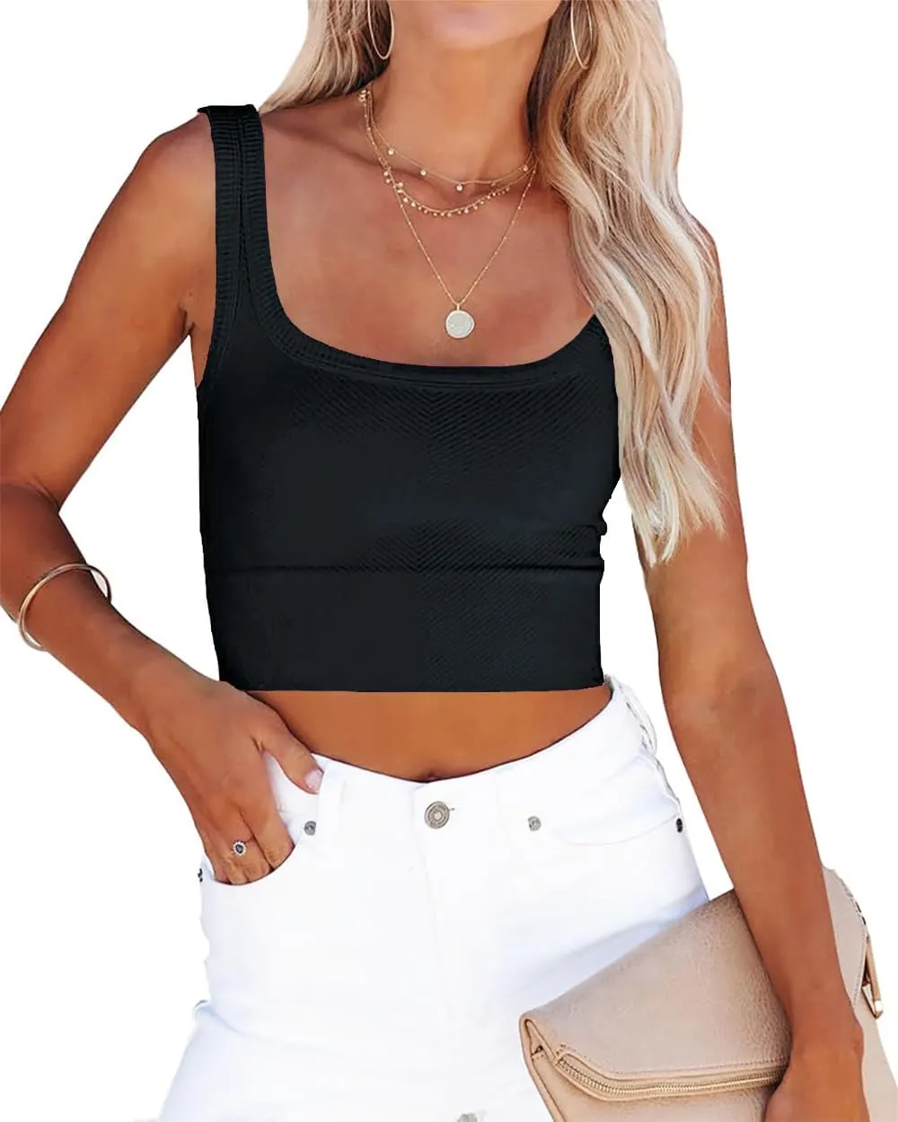 CYVESOULA Tank Top for Women Scoop Neck Sleeveless Crop Tops Chevron Ribbed Knit Crop Tank Top Fitted Soft Basic Cropped Tank