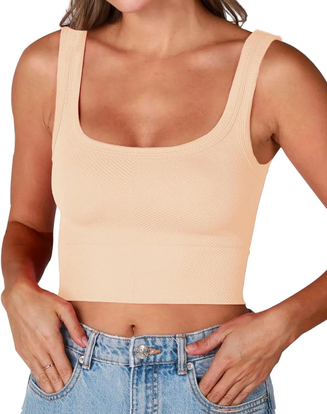 CYVESOULA Tank Top for Women Scoop Neck Sleeveless Crop Tops Chevron Ribbed Knit Crop Tank Top Fitted Soft Basic Cropped Tank
