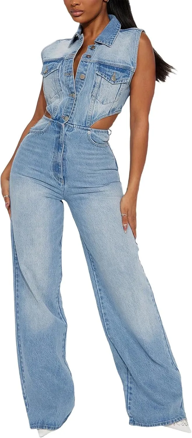 Denim Jumpsuit for Women Sexy Sleeveless Hollow High Waisted Jeans Jumpsuit Stretch Slim Wide Leg Jeans Long Romper