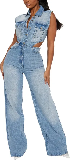Denim Jumpsuit for Women Sexy Sleeveless Hollow High Waisted Jeans Jumpsuit Stretch Slim Wide Leg Jeans Long Romper