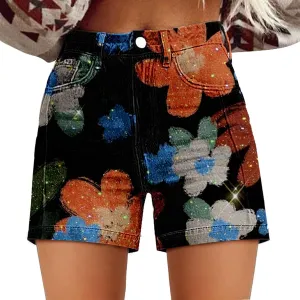 Denim Shorts for Women Vintage Boho Floral Print Denim Jeans Casual High Waist Slim Bermuda Short Retro Y2K Streetwear