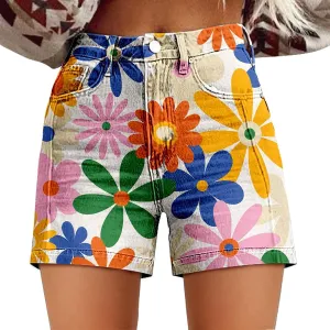 Denim Shorts for Women Vintage Boho Floral Print Denim Jeans Casual High Waist Slim Bermuda Short Retro Y2K Streetwear