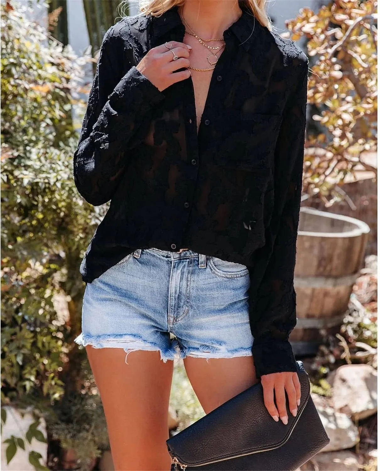 DGHM-JLMY Women Chiffon Jacquard Button Long Sleeve Shirt Blouse Solid Elegant Jacquard Shirt Floral Print Lace Chiffon Shirt