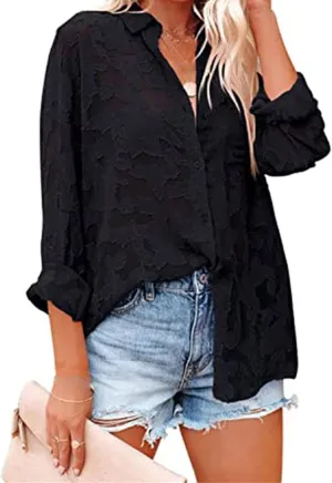 DGHM-JLMY Women Chiffon Jacquard Button Long Sleeve Shirt Blouse Solid Elegant Jacquard Shirt Floral Print Lace Chiffon Shirt