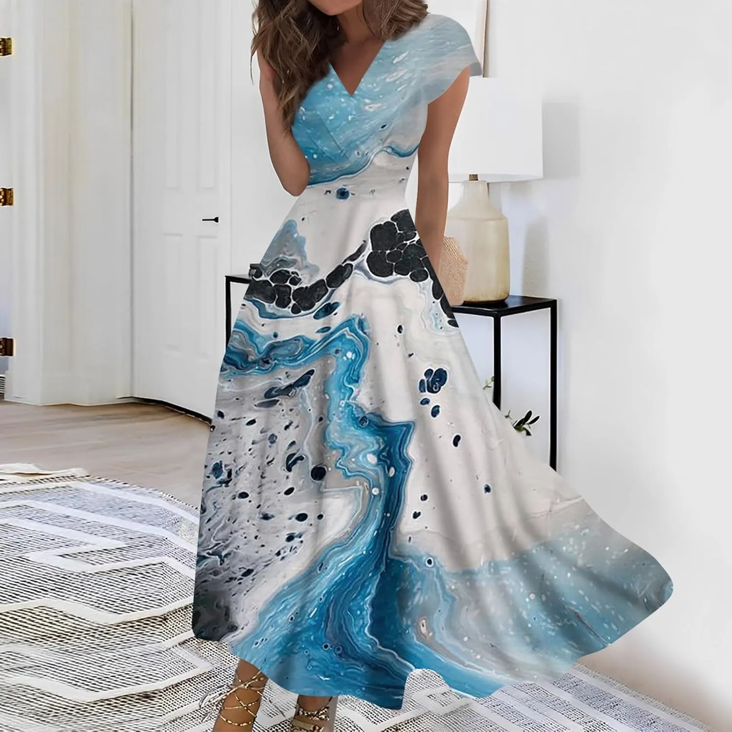 Dresses for Women 2024 Summer Floral Print Sundresses Short Sleeves Wrap V Neck Maxi Dress Elegant Flowy Beach Dress