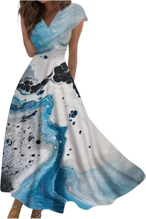 Dresses for Women 2024 Summer Floral Print Sundresses Short Sleeves Wrap V Neck Maxi Dress Elegant Flowy Beach Dress