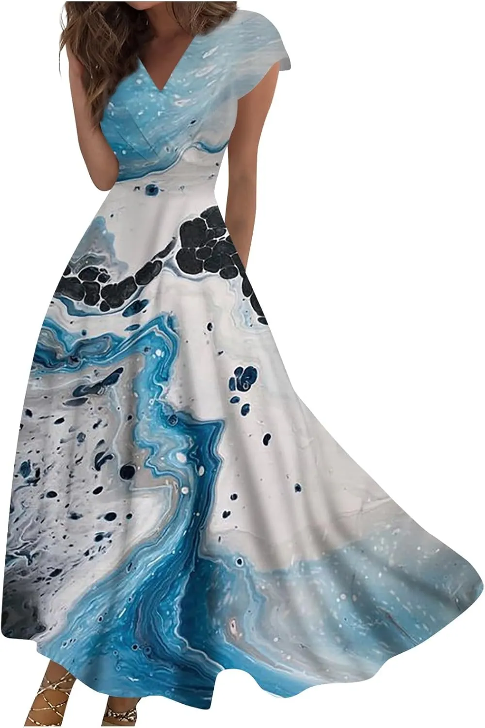 Dresses for Women 2024 Summer Floral Print Sundresses Short Sleeves Wrap V Neck Maxi Dress Elegant Flowy Beach Dress