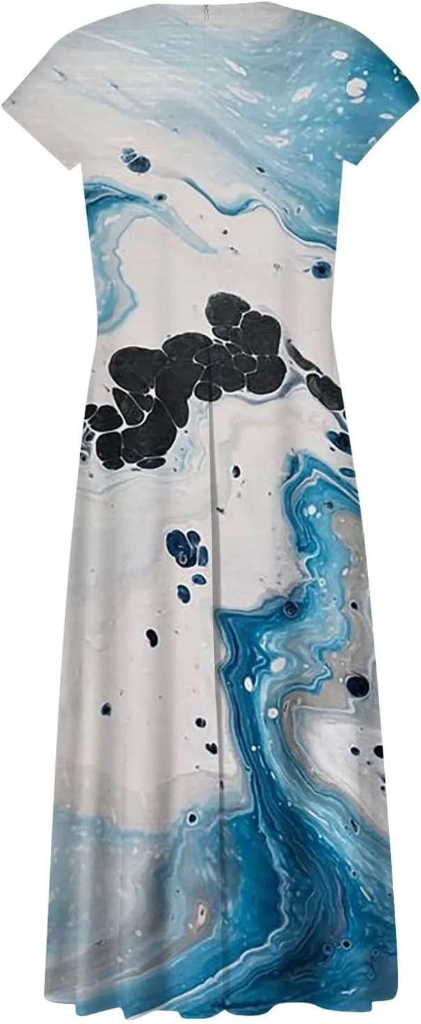Dresses for Women 2024 Summer Floral Print Sundresses Short Sleeves Wrap V Neck Maxi Dress Elegant Flowy Beach Dress