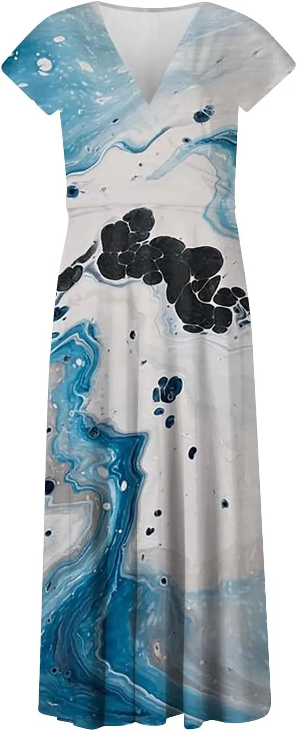Dresses for Women 2024 Summer Floral Print Sundresses Short Sleeves Wrap V Neck Maxi Dress Elegant Flowy Beach Dress
