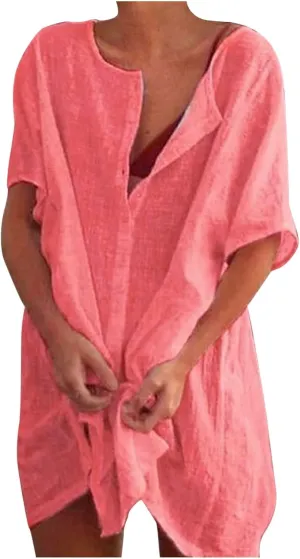 Dresses for Women 2025 Casual Loose Summer Short Sleeve Hawaiian Sundress Beach Flowy Button Down T-Shirts Dress