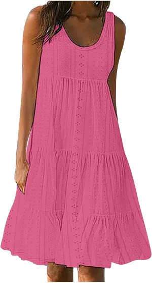 Dresses for Women 2025 Eyelet Sleeveless Crew Neck Hollow Out Sundresses Solid Color Beach Hawaiian Fashion Dress