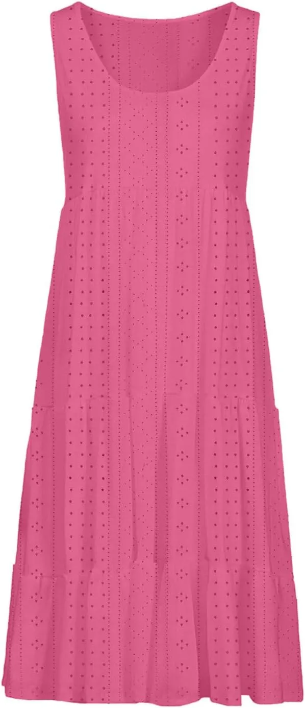 Dresses for Women 2025 Eyelet Sleeveless Crew Neck Hollow Out Sundresses Solid Color Beach Hawaiian Fashion Dress