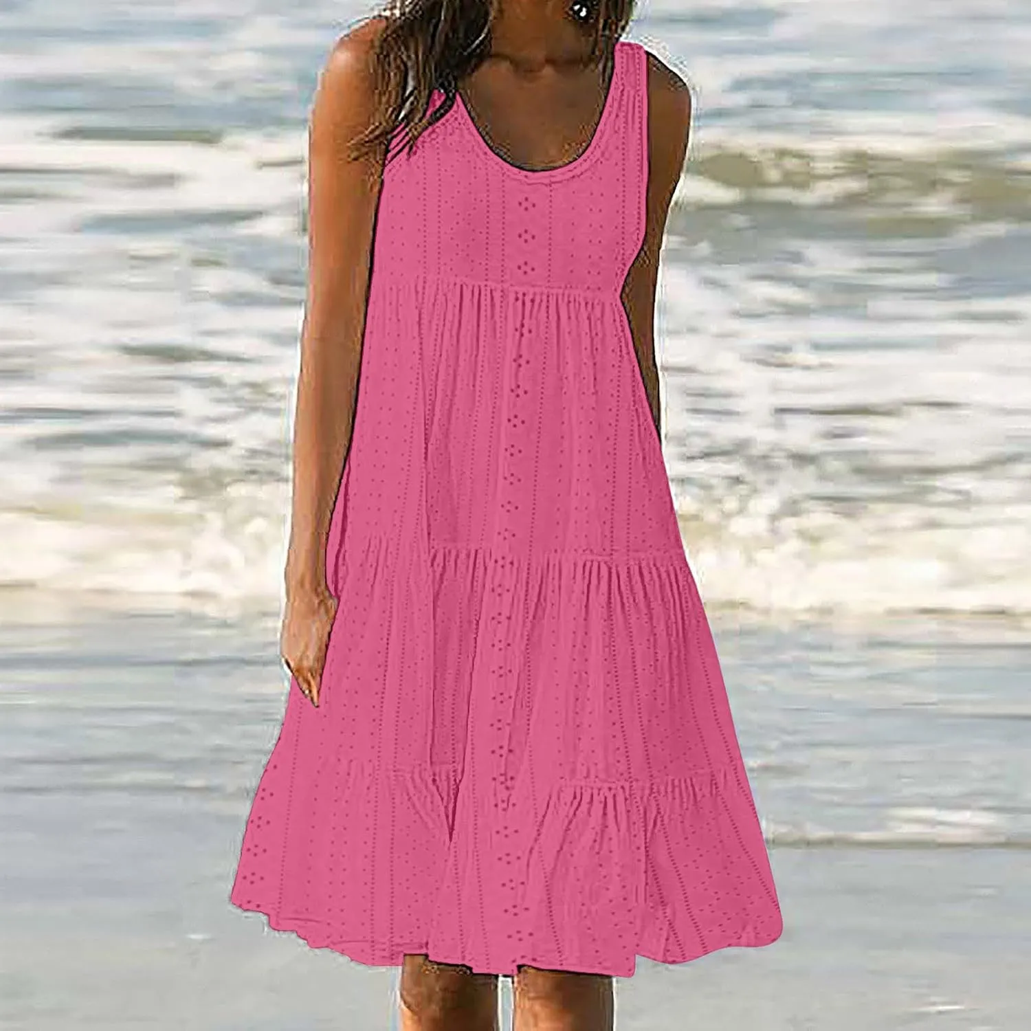 Dresses for Women 2025 Eyelet Sleeveless Crew Neck Hollow Out Sundresses Solid Color Beach Hawaiian Fashion Dress
