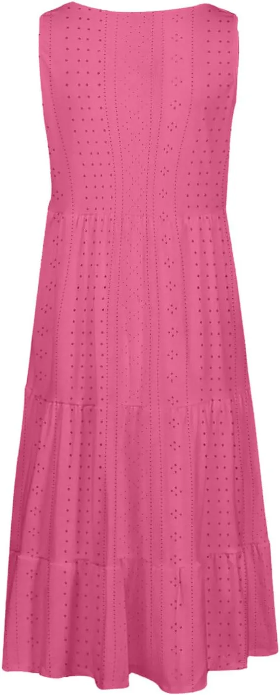 Dresses for Women 2025 Eyelet Sleeveless Crew Neck Hollow Out Sundresses Solid Color Beach Hawaiian Fashion Dress