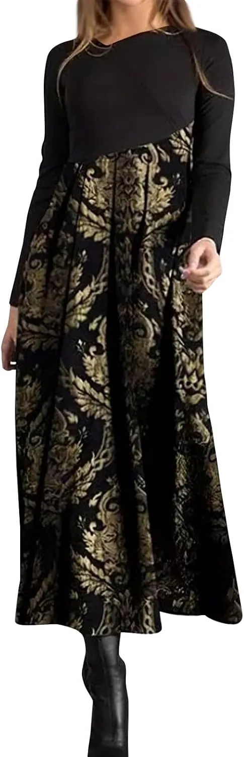 Dresses for Women 2025 Spring V Neck Long Sleeve Midi Boho Casual Modest Work Fitted Waist Dress