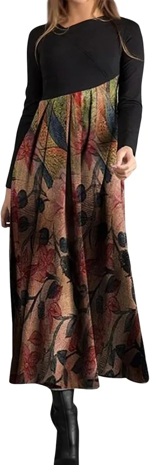 Dresses for Women 2025 Spring V Neck Long Sleeve Midi Boho Casual Modest Work Fitted Waist Dress