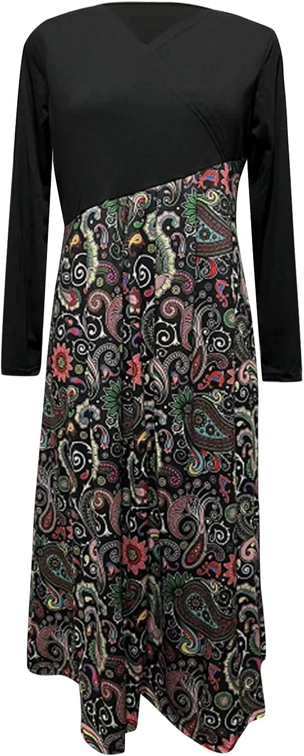 Dresses for Women 2025 Spring V Neck Long Sleeve Midi Boho Casual Modest Work Fitted Waist Dress