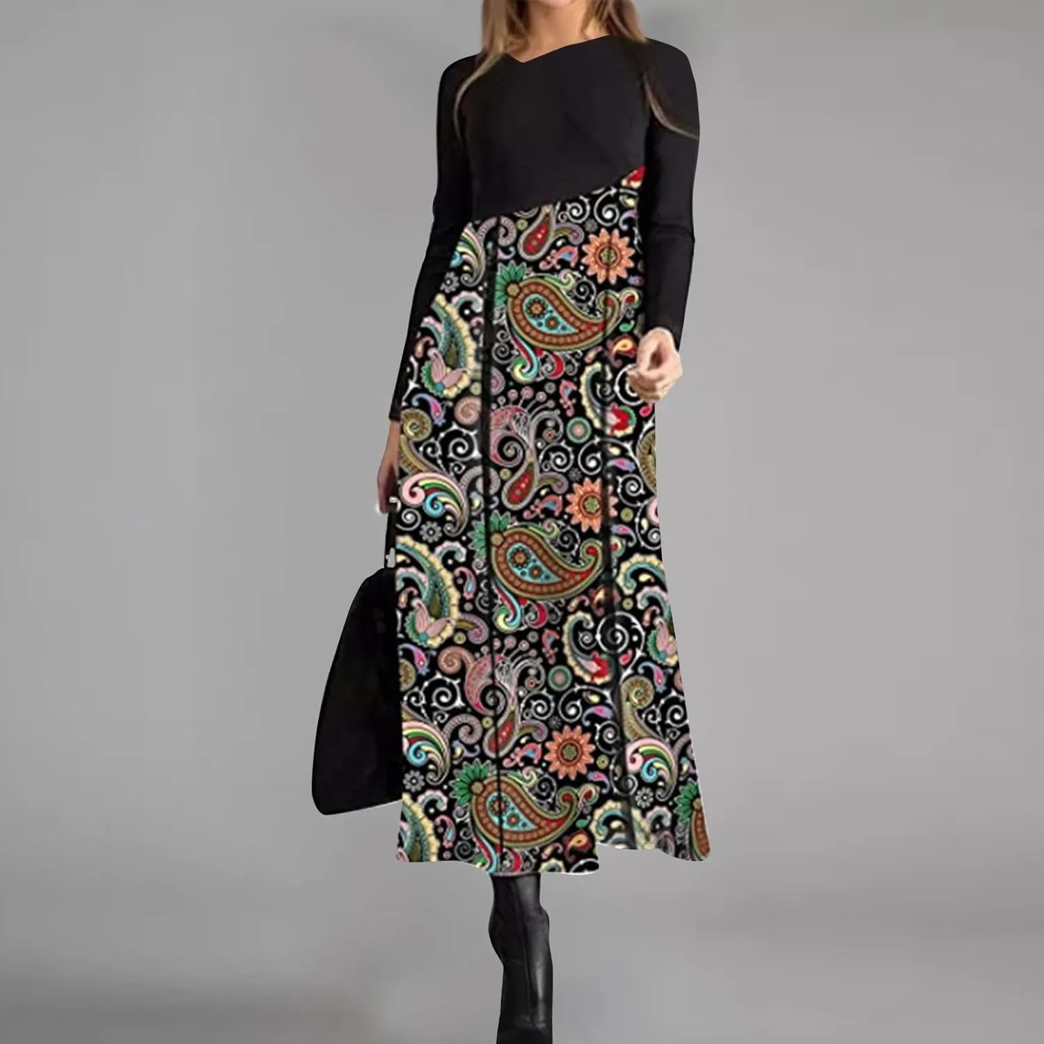 Dresses for Women 2025 Spring V Neck Long Sleeve Midi Boho Casual Modest Work Fitted Waist Dress