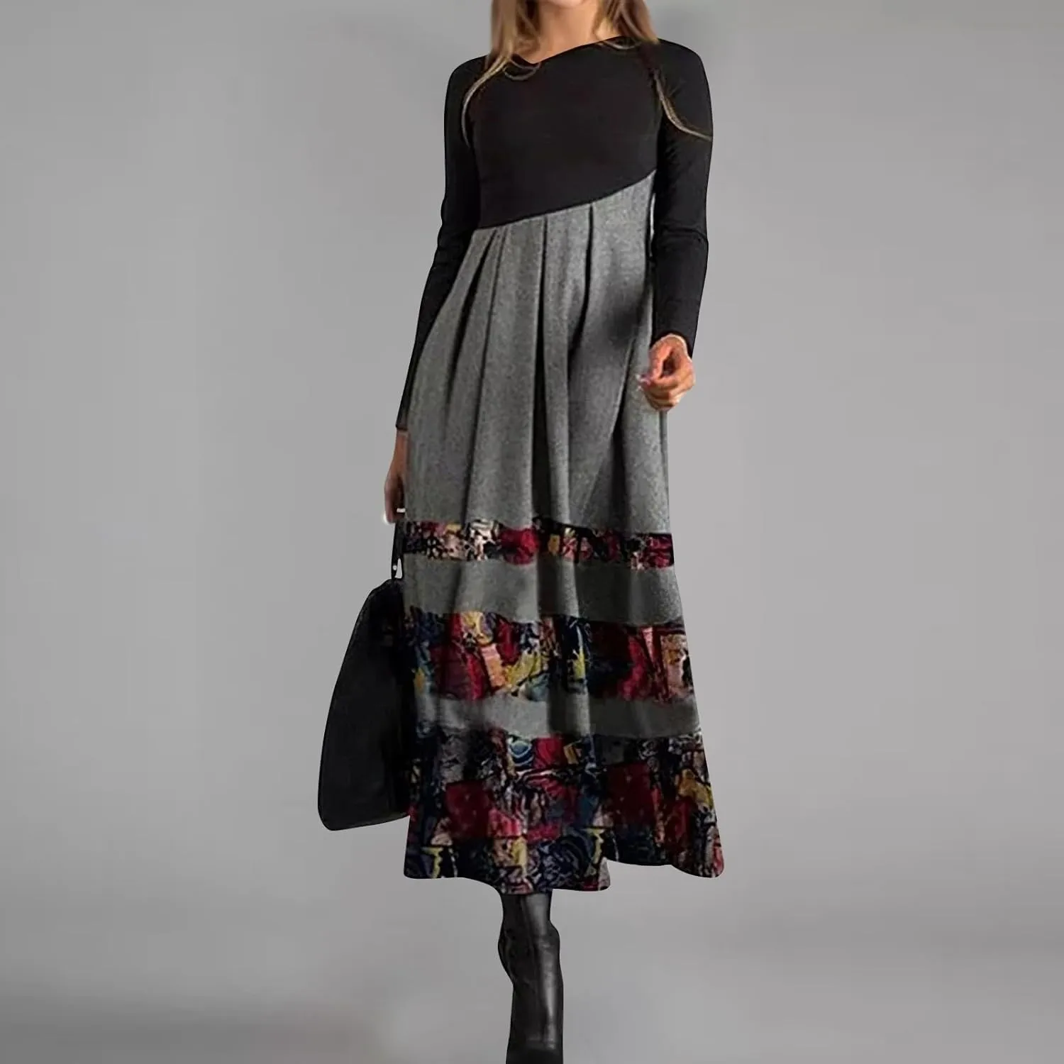Dresses for Women 2025 Spring V Neck Long Sleeve Midi Boho Casual Modest Work Fitted Waist Dress