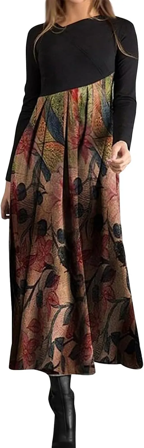 Dresses for Women 2025 Spring V Neck Long Sleeve Midi Boho Casual Modest Work Fitted Waist Dress