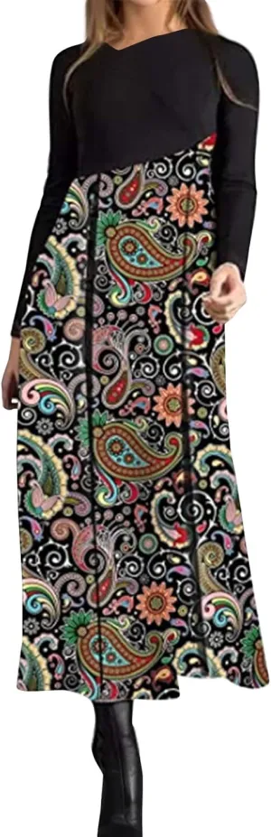 Dresses for Women 2025 Spring V Neck Long Sleeve Midi Boho Casual Modest Work Fitted Waist Dress