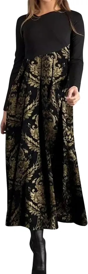 Dresses for Women 2025 Spring V Neck Long Sleeve Midi Boho Casual Modest Work Fitted Waist Dress