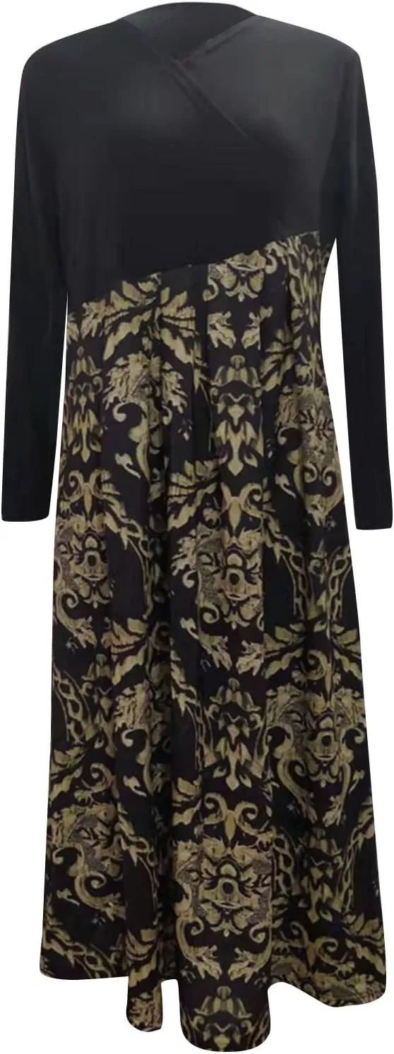 Dresses for Women 2025 Spring V Neck Long Sleeve Midi Boho Casual Modest Work Fitted Waist Dress