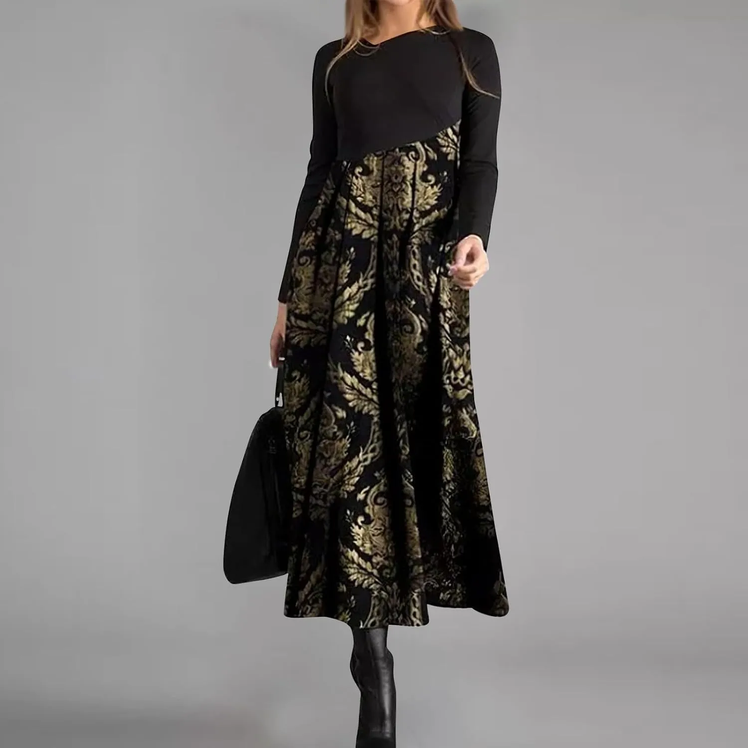 Dresses for Women 2025 Spring V Neck Long Sleeve Midi Boho Casual Modest Work Fitted Waist Dress