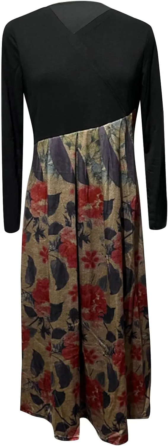 Dresses for Women 2025 Spring V Neck Long Sleeve Midi Boho Casual Modest Work Fitted Waist Dress