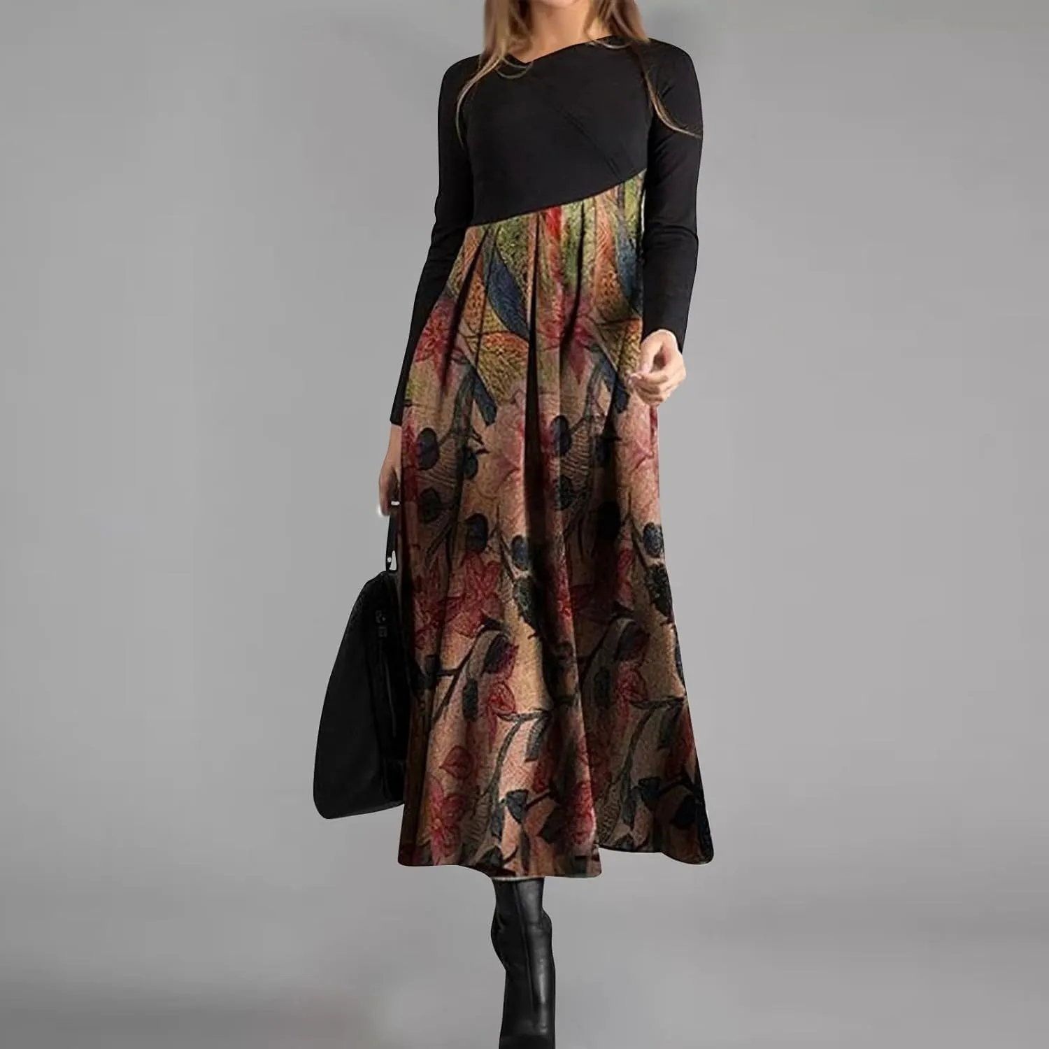 Dresses for Women 2025 Spring V Neck Long Sleeve Midi Boho Casual Modest Work Fitted Waist Dress