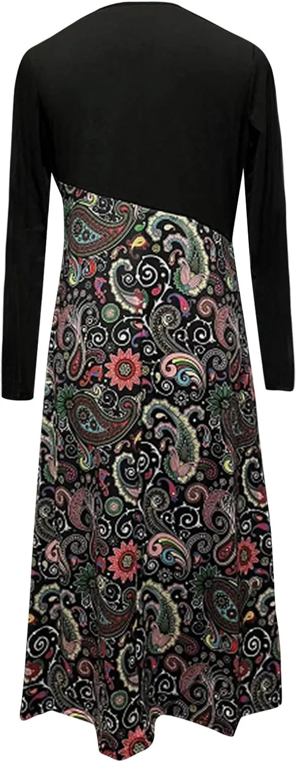 Dresses for Women 2025 Spring V Neck Long Sleeve Midi Boho Casual Modest Work Fitted Waist Dress