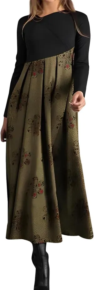Dresses for Women 2025 Spring V Neck Long Sleeve Midi Boho Casual Modest Work Fitted Waist Dress