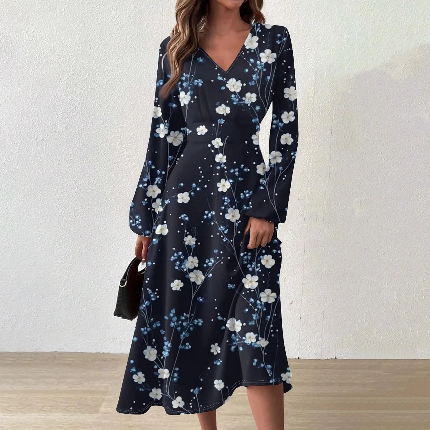 Dresses for Women 2025 Spring V Neck Long Sleeve Midi Cute Flowy Tea Length Summer Curvy Waist Dress