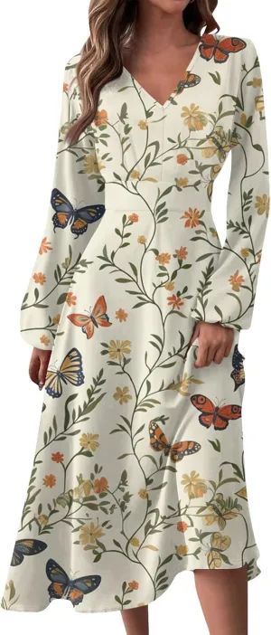 Dresses for Women 2025 Spring V Neck Long Sleeve Midi Cute Flowy Tea Length Summer Curvy Waist Dress