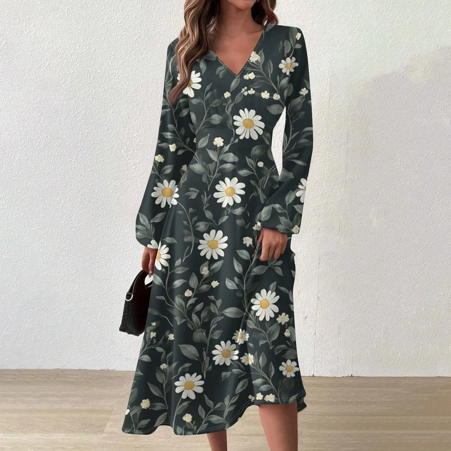 Dresses for Women 2025 Spring V Neck Long Sleeve Midi Cute Flowy Tea Length Summer Curvy Waist Dress