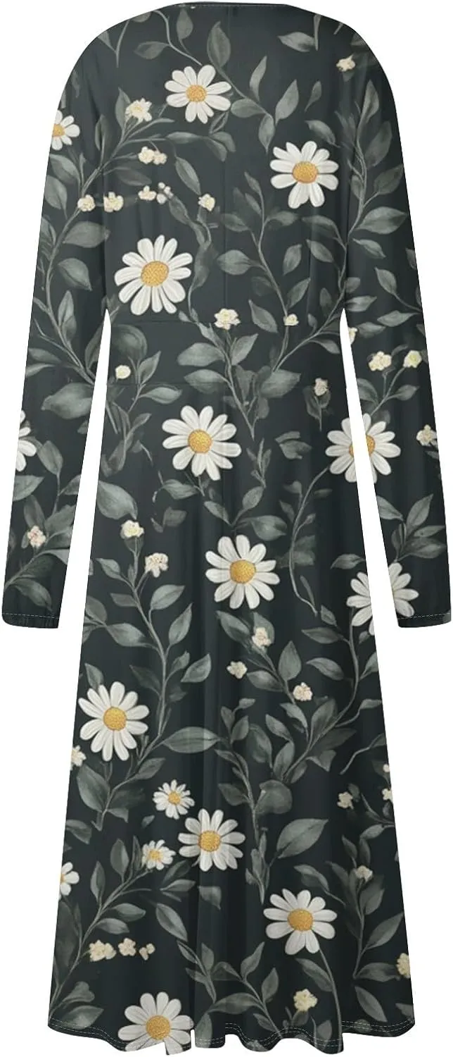 Dresses for Women 2025 Spring V Neck Long Sleeve Midi Cute Flowy Tea Length Summer Curvy Waist Dress