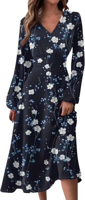 Dresses for Women 2025 Spring V Neck Long Sleeve Midi Cute Flowy Tea Length Summer Curvy Waist Dress
