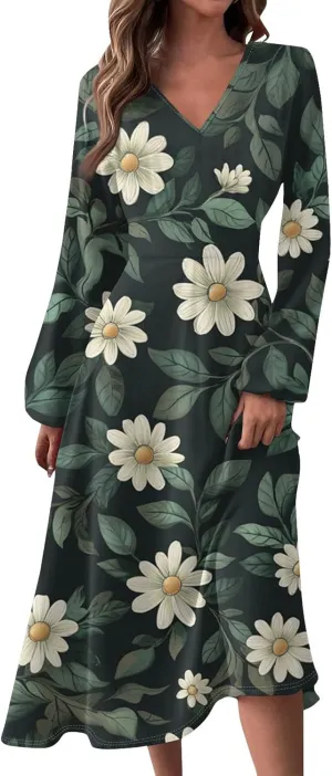 Dresses for Women 2025 Spring V Neck Long Sleeve Midi Cute Flowy Tea Length Summer Curvy Waist Dress