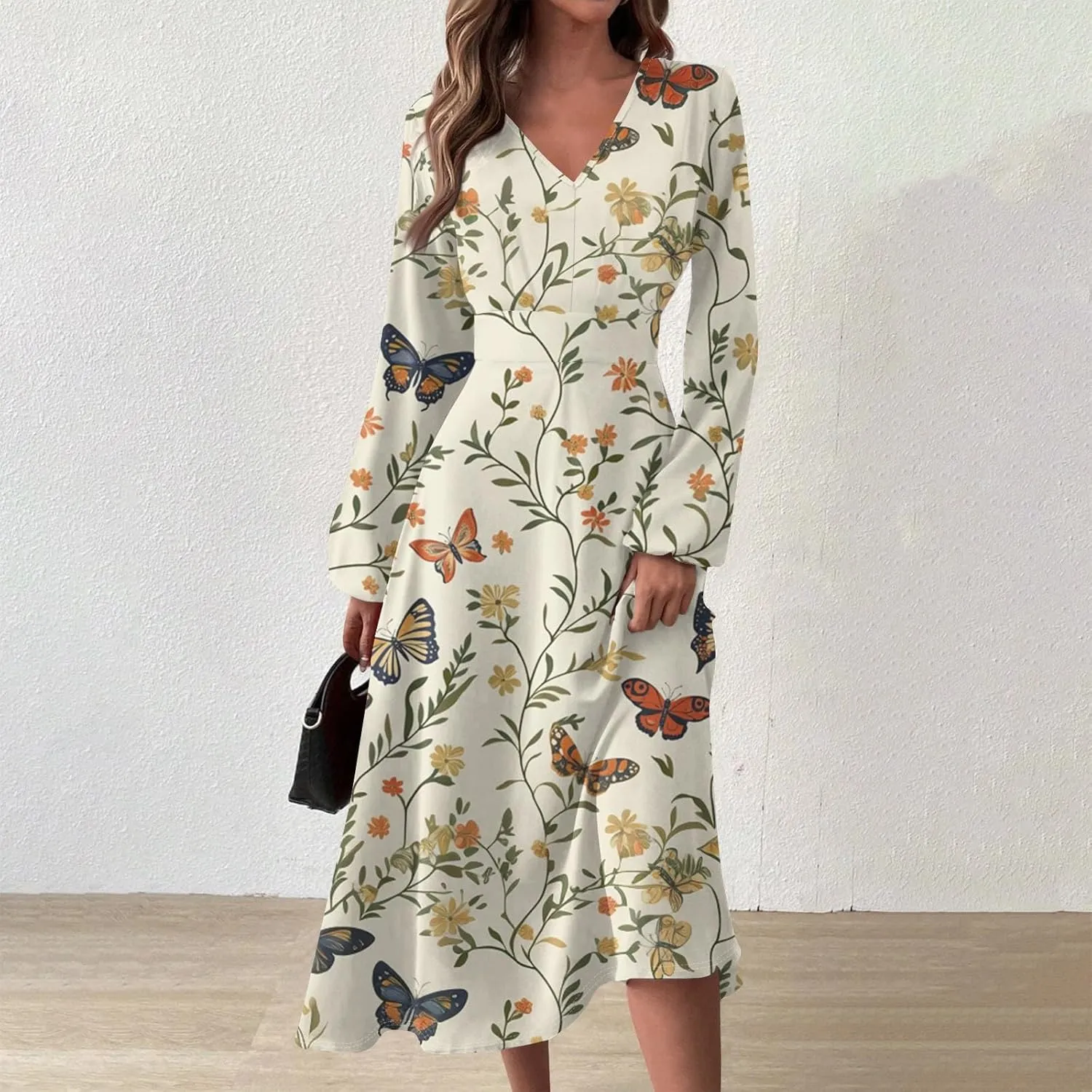 Dresses for Women 2025 Spring V Neck Long Sleeve Midi Cute Flowy Tea Length Summer Curvy Waist Dress
