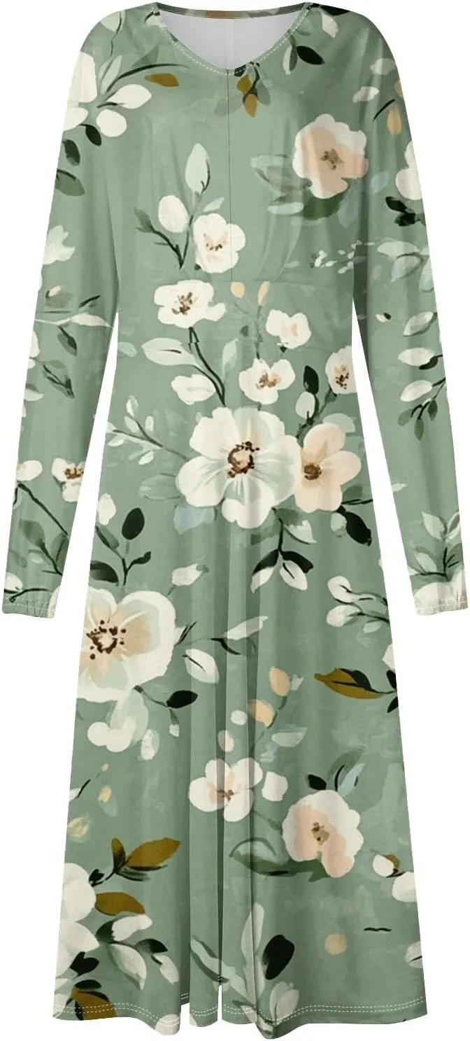 Dresses for Women 2025 Spring V Neck Long Sleeve Midi Cute Flowy Tea Length Summer Curvy Waist Dress