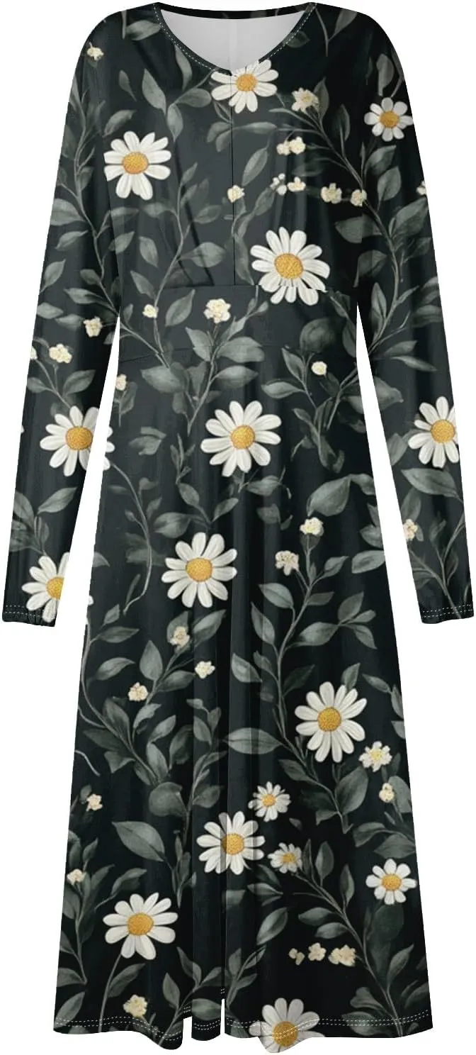 Dresses for Women 2025 Spring V Neck Long Sleeve Midi Cute Flowy Tea Length Summer Curvy Waist Dress