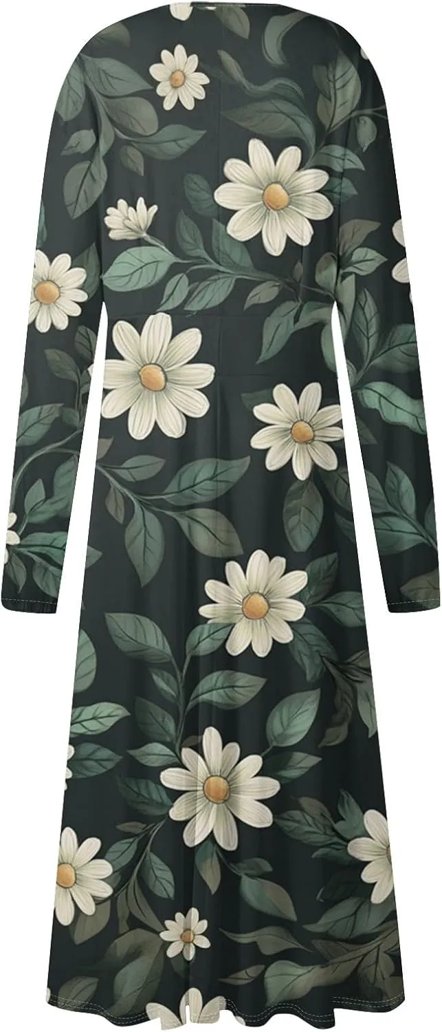 Dresses for Women 2025 Spring V Neck Long Sleeve Midi Cute Flowy Tea Length Summer Curvy Waist Dress