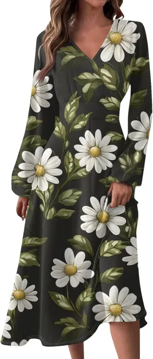 Dresses for Women 2025 Spring V Neck Long Sleeve Midi Cute Flowy Tea Length Summer Curvy Waist Dress
