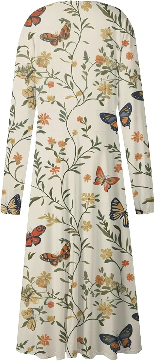 Dresses for Women 2025 Spring V Neck Long Sleeve Midi Cute Flowy Tea Length Summer Curvy Waist Dress