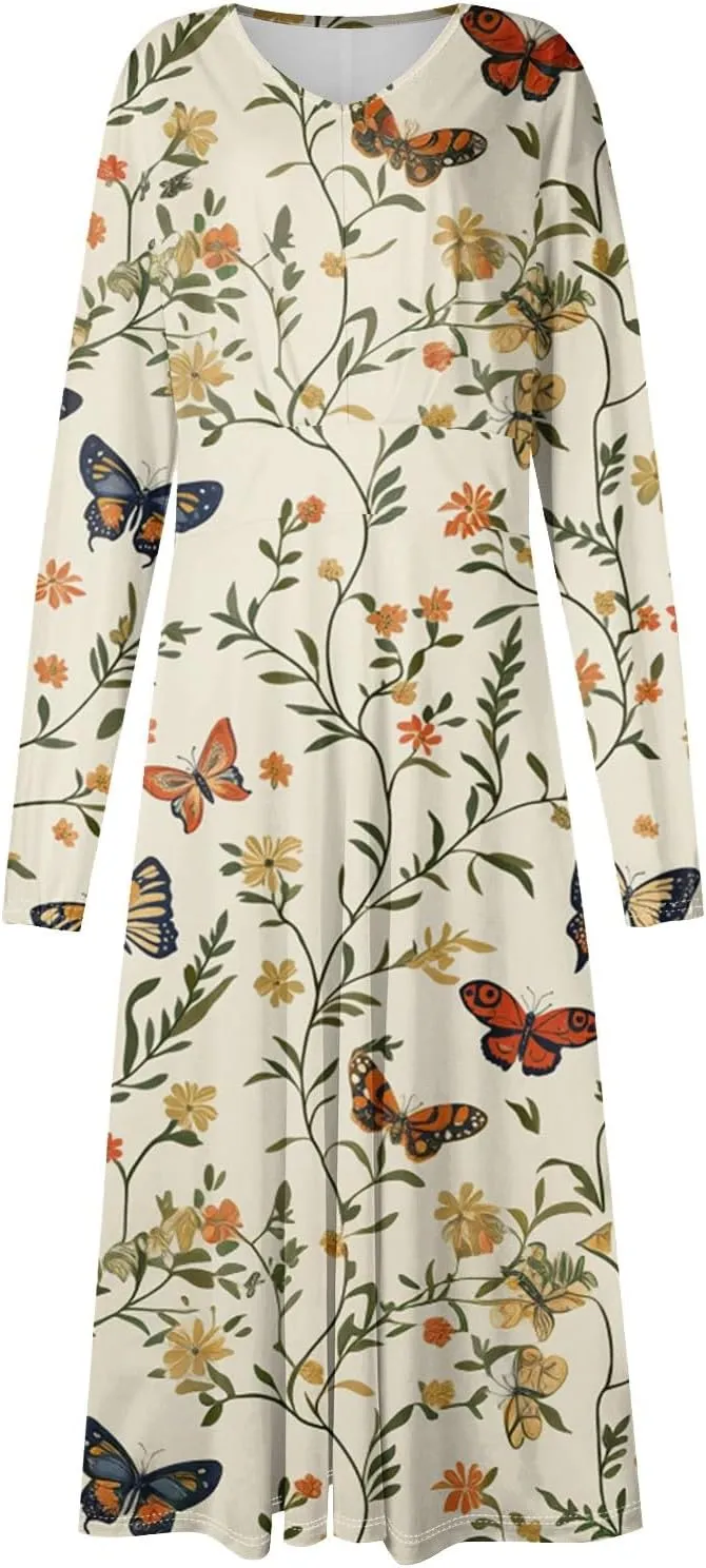Dresses for Women 2025 Spring V Neck Long Sleeve Midi Cute Flowy Tea Length Summer Curvy Waist Dress