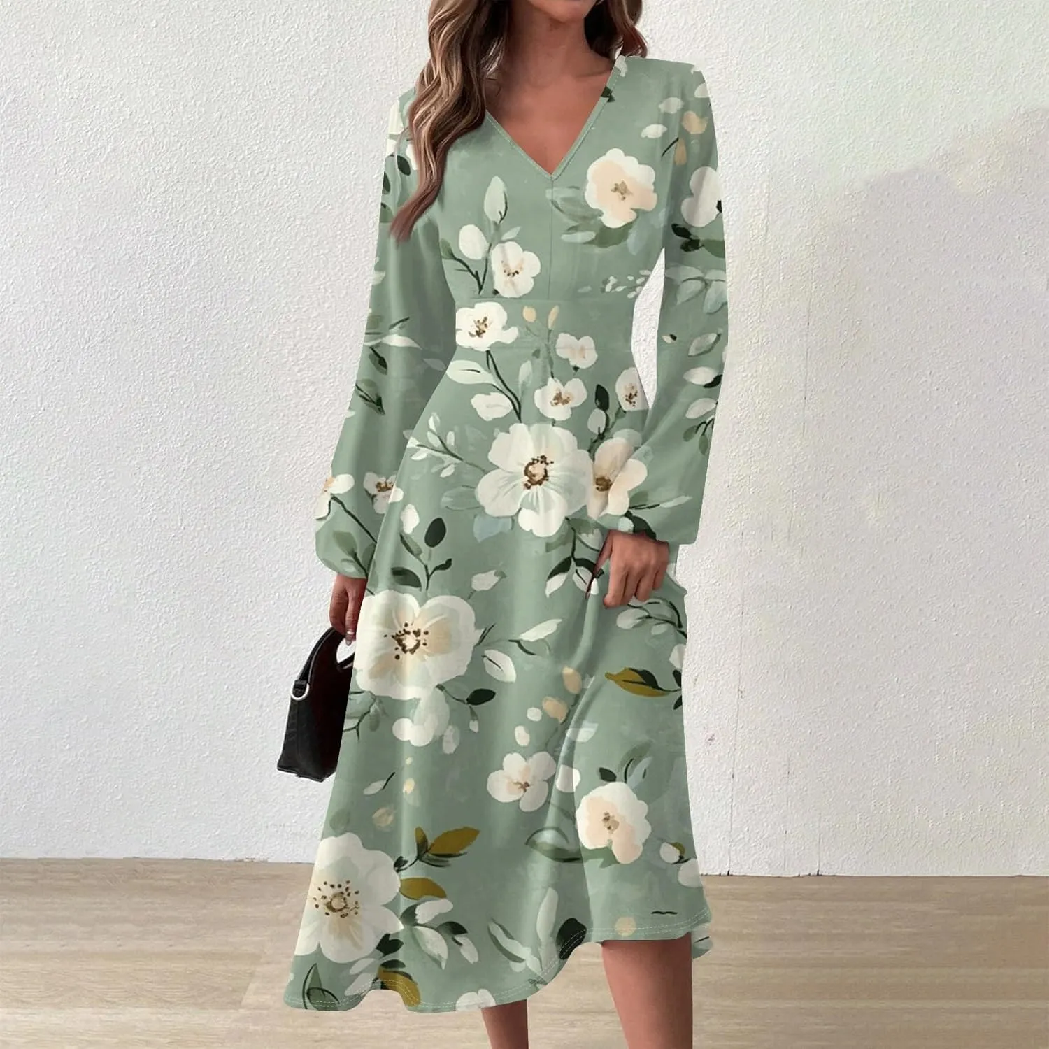 Dresses for Women 2025 Spring V Neck Long Sleeve Midi Cute Flowy Tea Length Summer Curvy Waist Dress