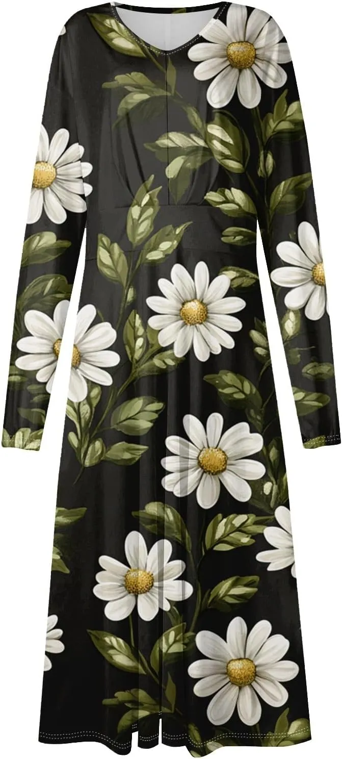 Dresses for Women 2025 Spring V Neck Long Sleeve Midi Cute Flowy Tea Length Summer Curvy Waist Dress