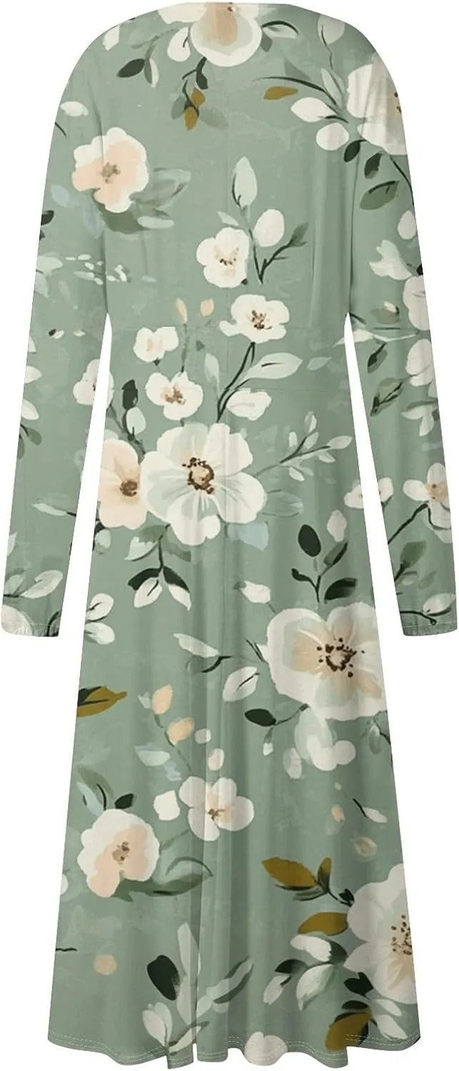 Dresses for Women 2025 Spring V Neck Long Sleeve Midi Cute Flowy Tea Length Summer Curvy Waist Dress